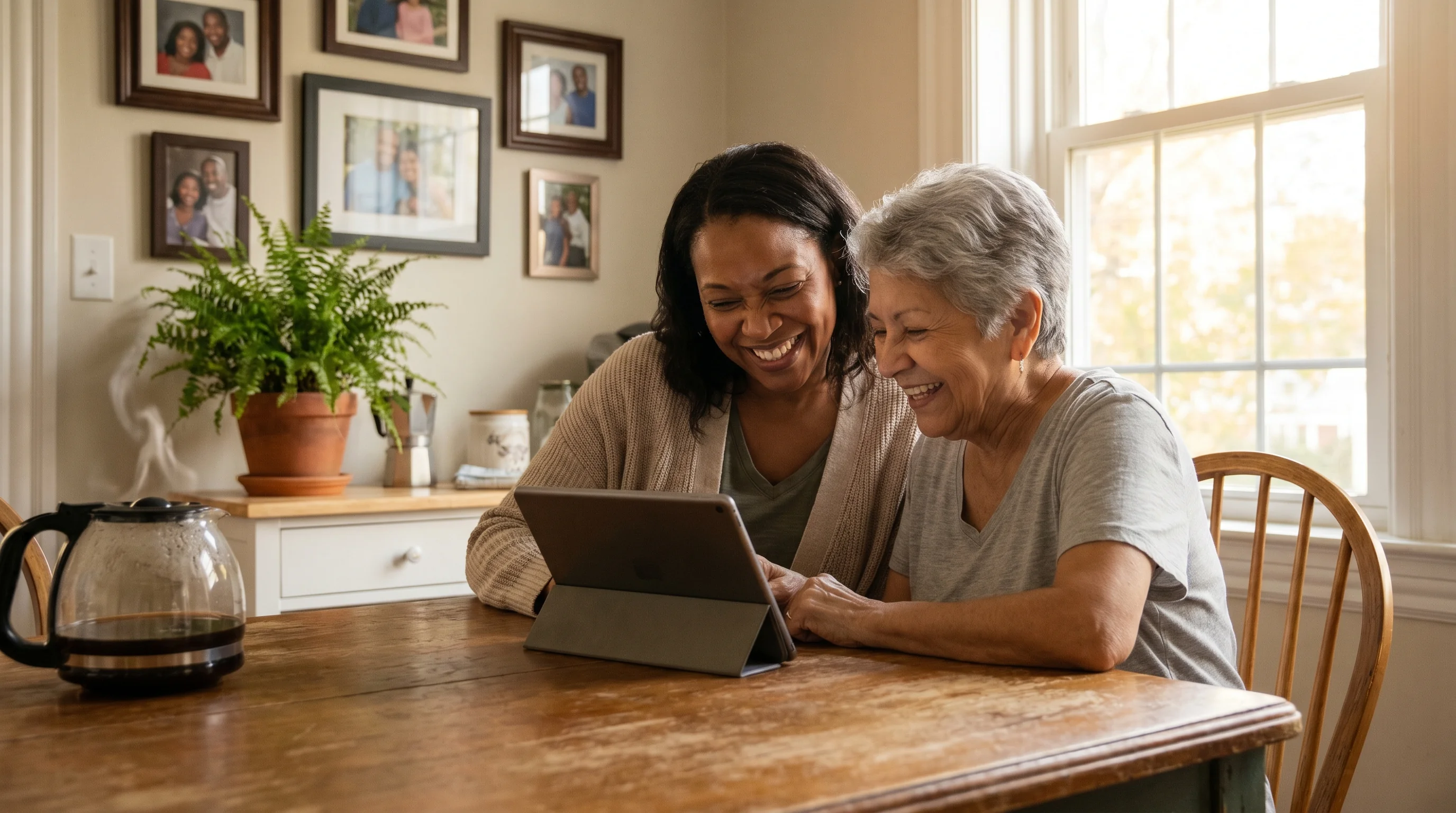 Caregiver and elderly woman at kitchen table