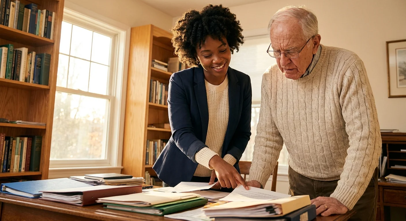 Personal assistant helping elderly man with paperwork