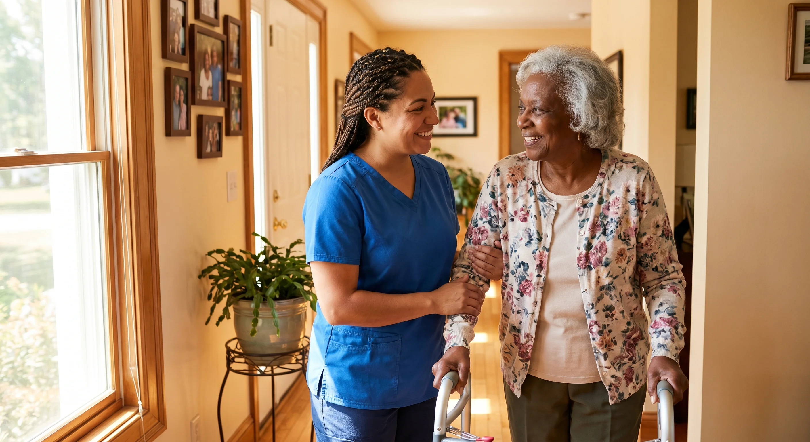 Caregiver assisting elderly woman walking at home